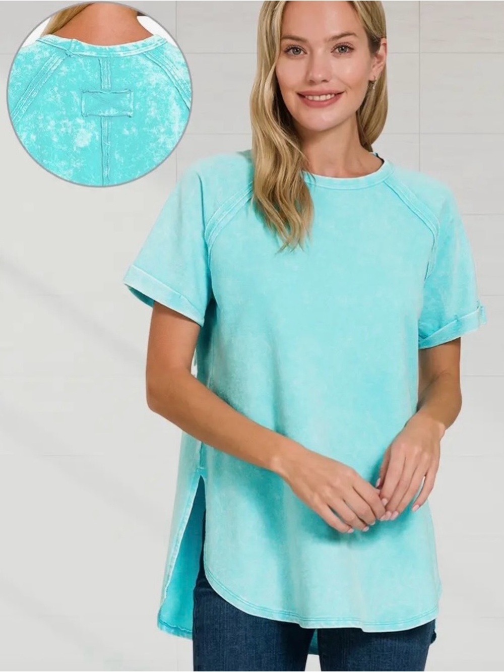 Zenana French Terry Acid Wash Pullover Tshirt, Mint Sky